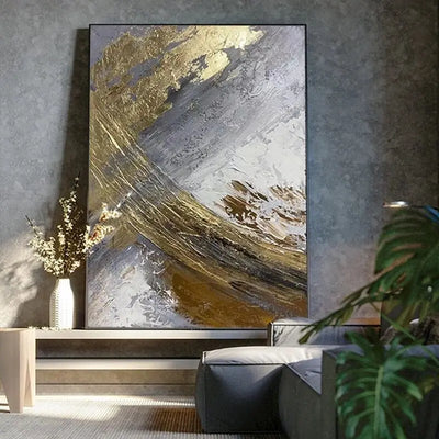 Tableau d'art moderne surdimensionné en feuille d'or avec peinture abstraite sur toile pour salon