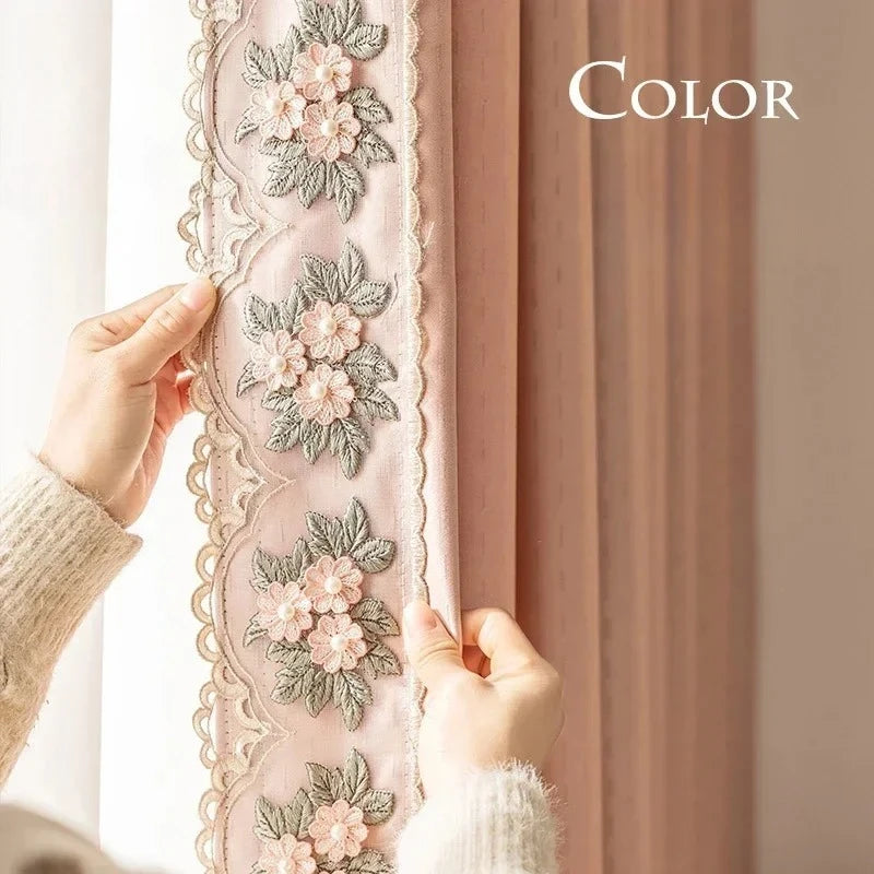 rideau rose pâle brodé fleur classique opacité bordure dentelée européen chambre salon polyester