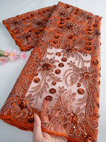 tissu polyester floral pailleté orange doré bleu vert translucide brodé party wedding prom dress