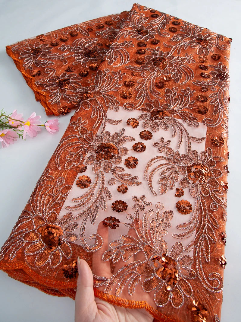 tissu polyester floral pailleté orange doré bleu vert translucide brodé party wedding prom dress