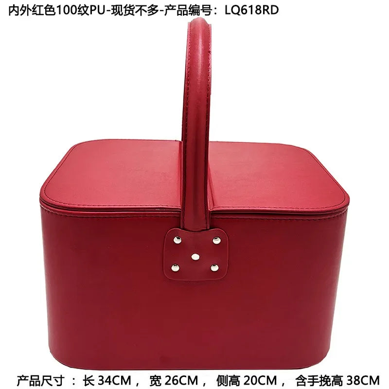 boîte maquillage simili cuir rouge marron noir bleu classique poignée portable organisateur utilitaire