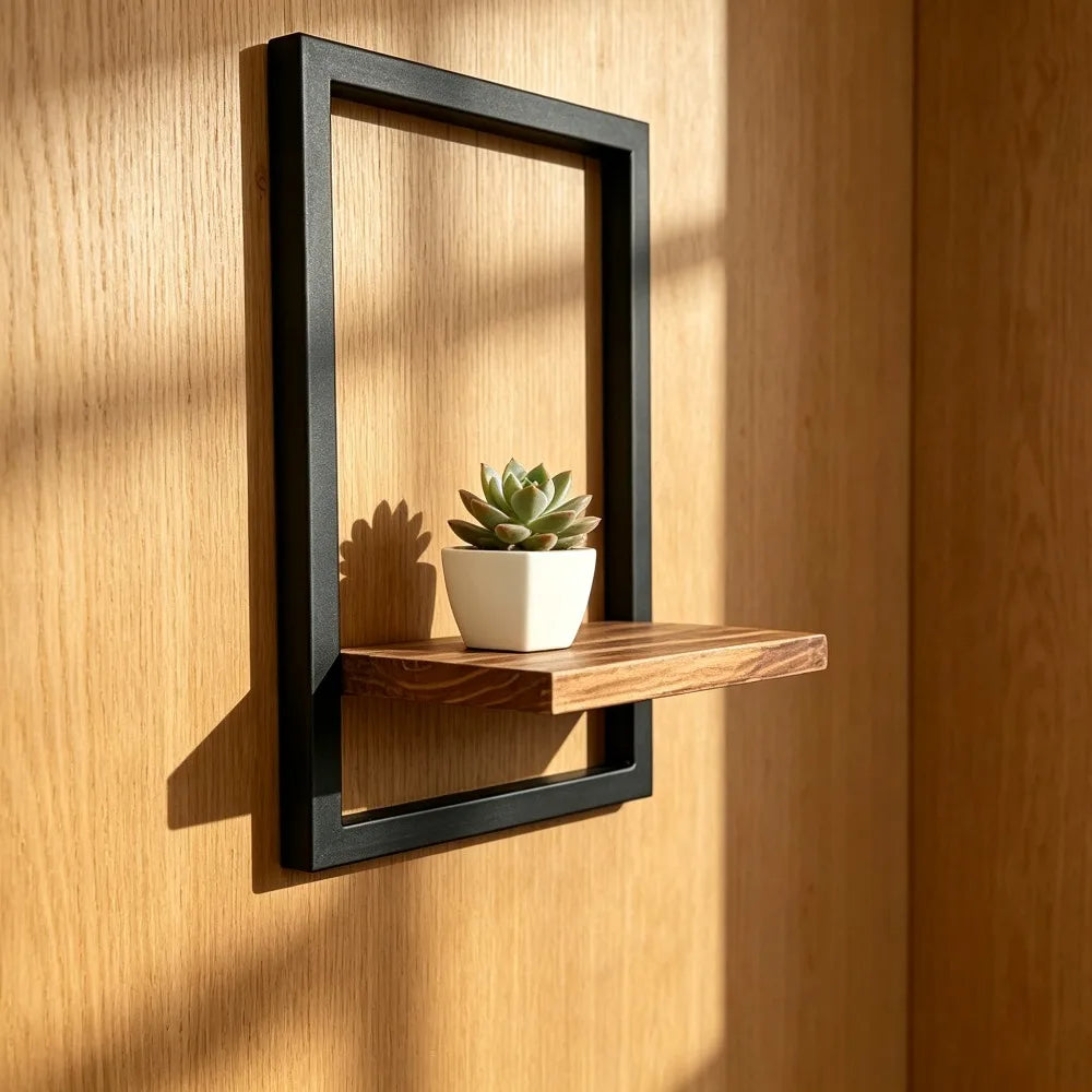 étagère murale bois noir minimaliste suspendue plantes bougies diffuseurs décoration chambre entrée art