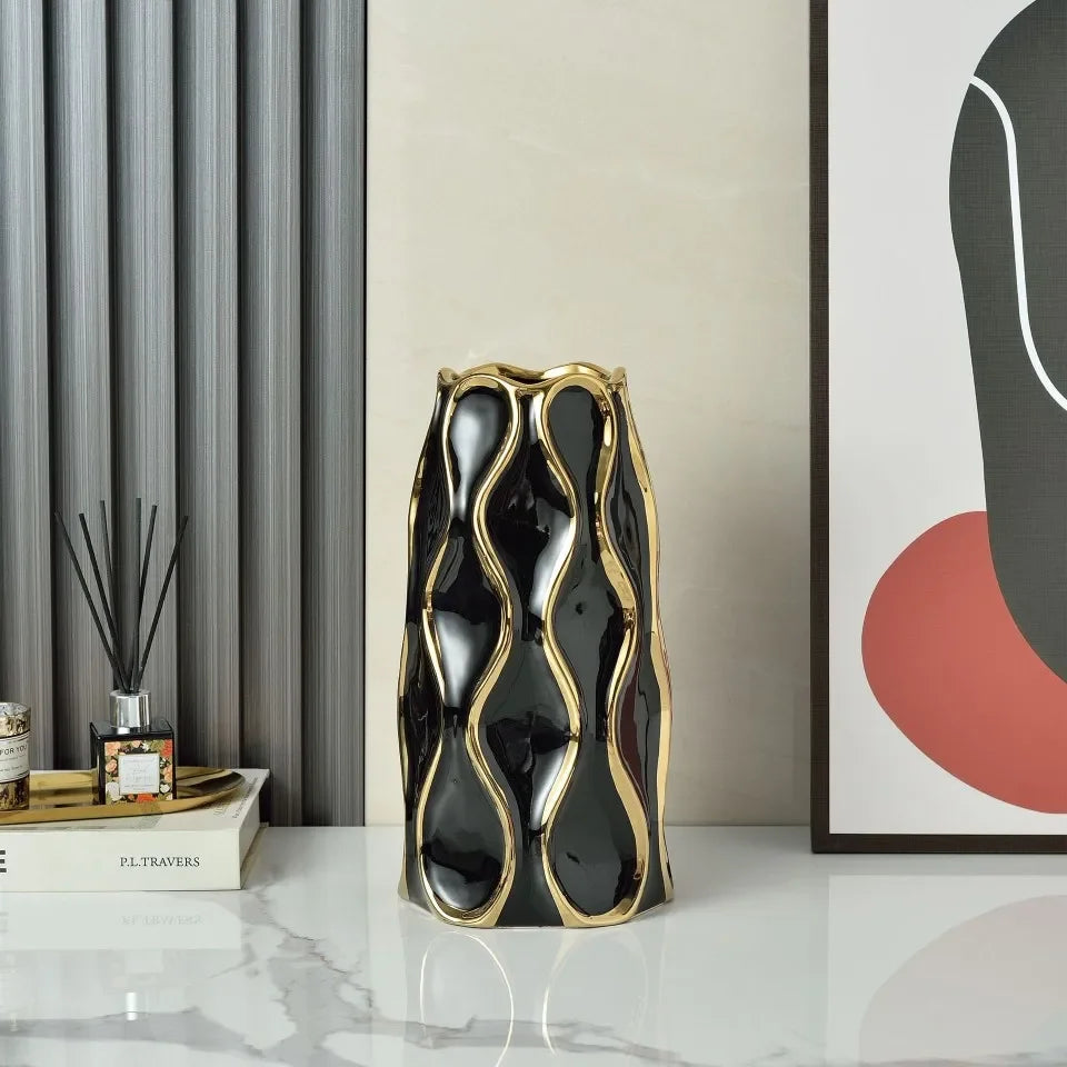 vase céramique moderne blanc or noir lignes dorées élégant décoration salon fleurs artificiellements