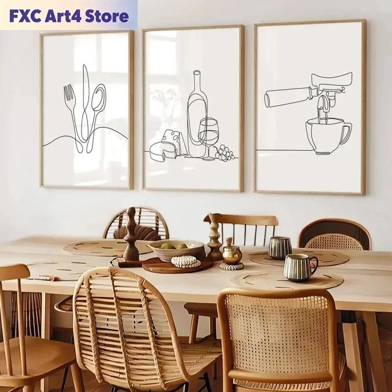 affiche toile minimaliste noir blanc lignes abstraites décoration murale moderne cuisine restaurant appartement