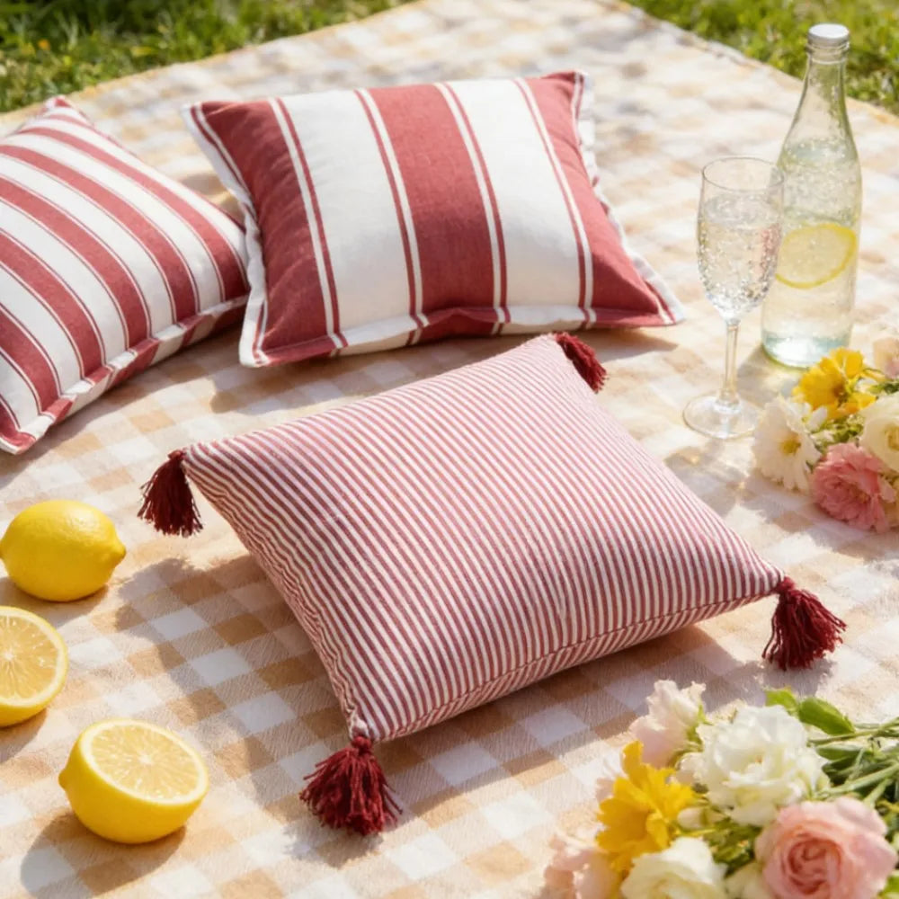 housses coussin rayées rouge blanche rustique adhésif tassel polyester carré lit moderne decoration
