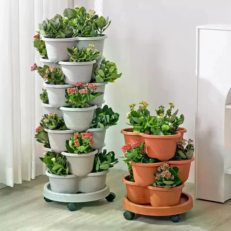 jardinière verticale empilable moderne pots intégrés fraises herbes aromatiques fleurs gris orange vert