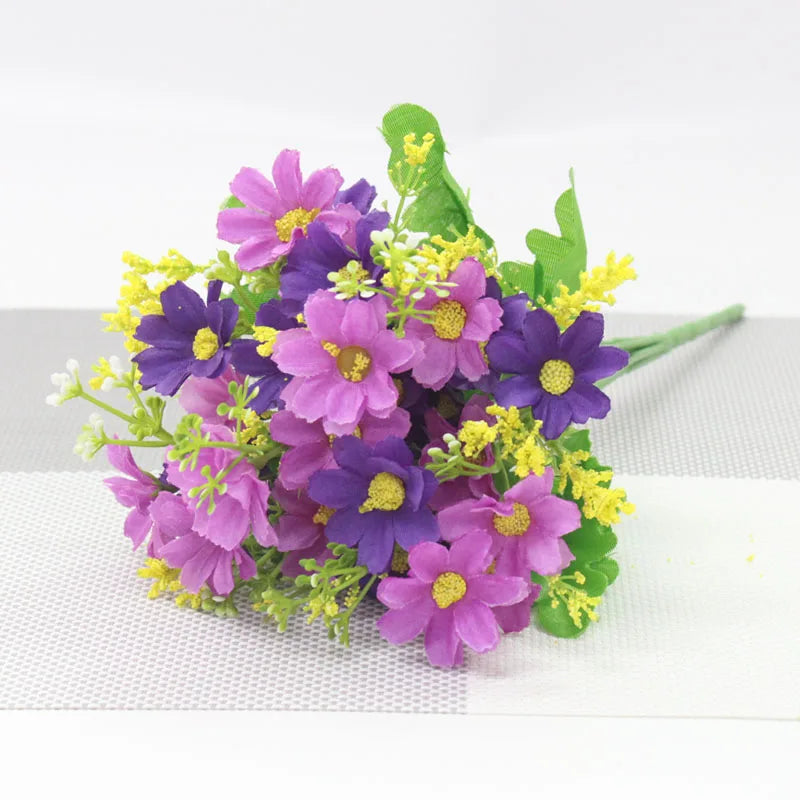 bouquet artificiel violet blanc jaune rouge bleu fleurs soie feuilles vertes moderne décoration maison