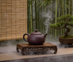 support bois artisanal théière tasses bol décor maison vintage figuration plantes miniature