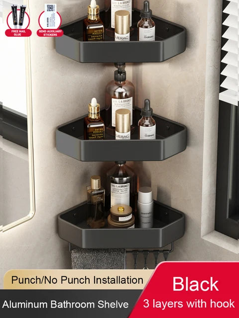 étagère salle bain moderne adhésive métal gris plat niveaux crochets rangement góc