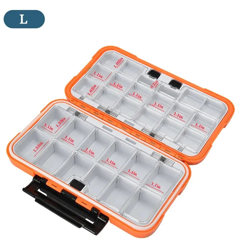 boîte rangement pêche pratique robuste compartiments transparents texture mat poignée noire orange noir