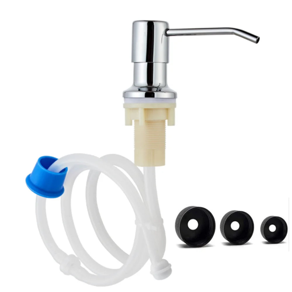 distributeur savon liquide or noir argent acier inoxydable moderne lisse fixations tube extension bouteille