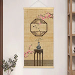 peinture suspendue chinois bambou fleurs insectes textes beige noir rouge vert