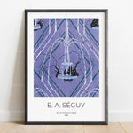 L'image montre une œuvre d'art graphique aux tons violets et verts, avec une composition géométrique complexe et élégante représentant un lustre suspendu dans un environnement abstrait.