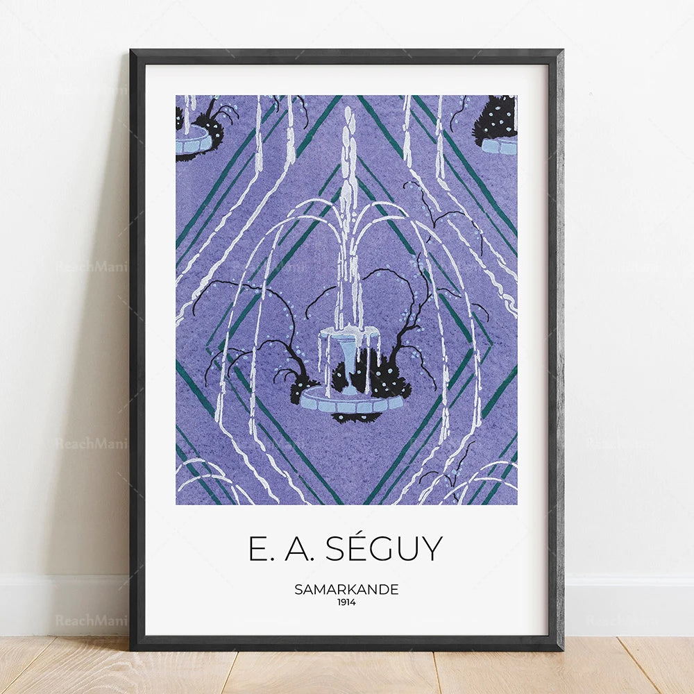 L'image montre une œuvre d'art graphique aux tons violets et verts, avec une composition géométrique complexe et élégante représentant un lustre suspendu dans un environnement abstrait.