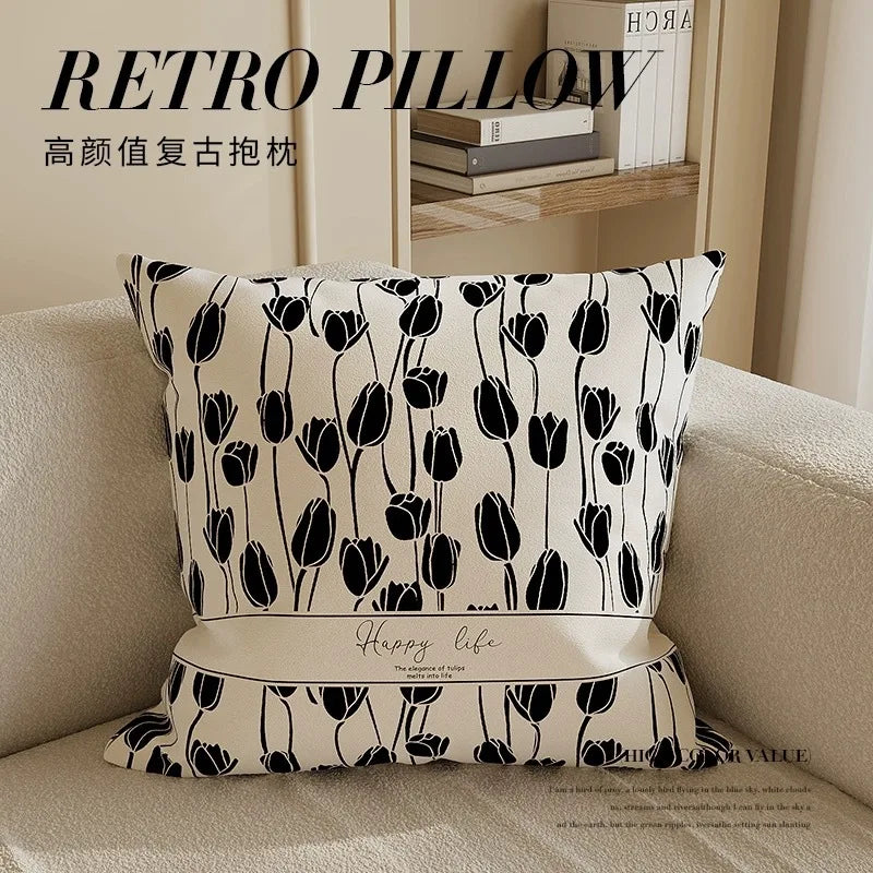 housse coussin moderne motif floral polyester respectueux environnement blanc noir fixations