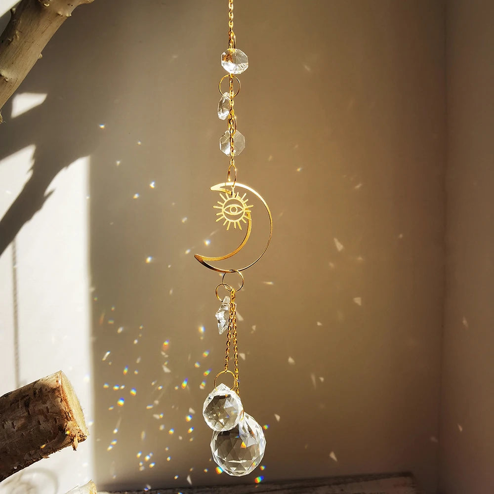 suspension décorative attrape soleil cristal lune soleil étoiles boho extérieur intérieur or transparent