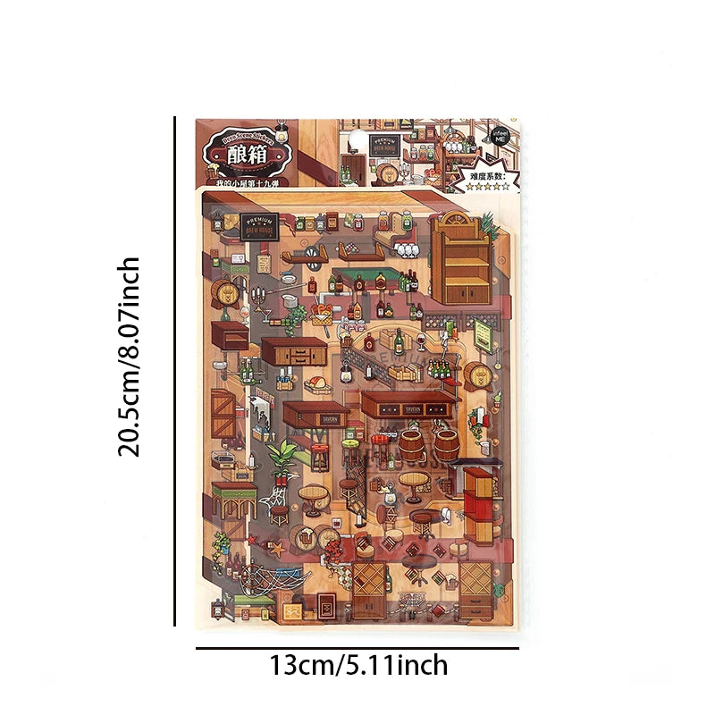 puzzle 3d intérieurs extérieurs bâtiments bleu marron beige violet illustration détaillée artiste