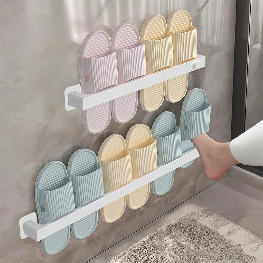 support rangement mural sabots moderne adhésif rose clair beige bleu gris rayures horizontales plastique