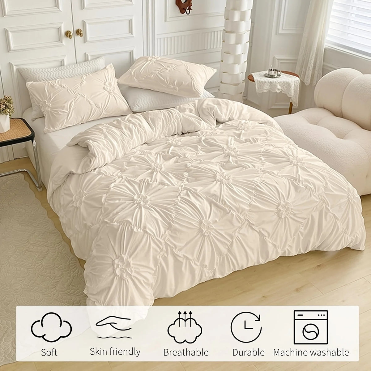 ensemble literie beige clair texture plissée moderne élégant fermeture glissière twin size pcs us