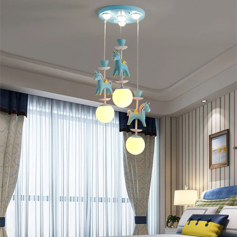 suspension lumineuse verre résine chevaux arc ciel moderne bleu rose enfant blanc contemporain