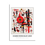 Une composition abstraite colorée remplie de formes géométriques dynamiques et de motifs créatifs, représentée dans une affiche pour une exposition d'art à la Docklands Frontier Gallery de Londres.