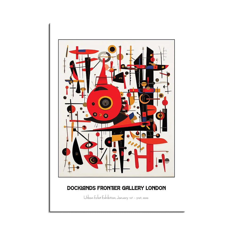Une composition abstraite colorée remplie de formes géométriques dynamiques et de motifs créatifs, représentée dans une affiche pour une exposition d'art à la Docklands Frontier Gallery de Londres.