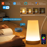 lampe table moderne blanc bois foncé texture naturelle commande tactile RVB chambre coucher