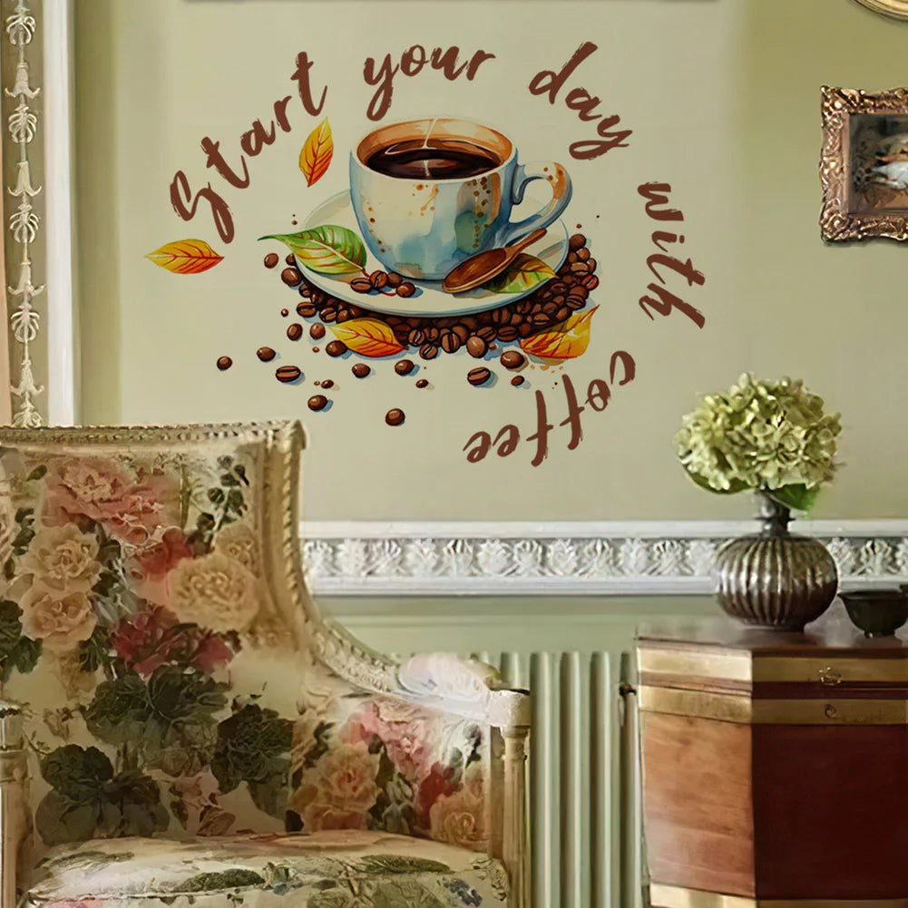 autocollant mural moderne tasse grains feuilles décoration murale adhésif opaque couleur marron beige vert