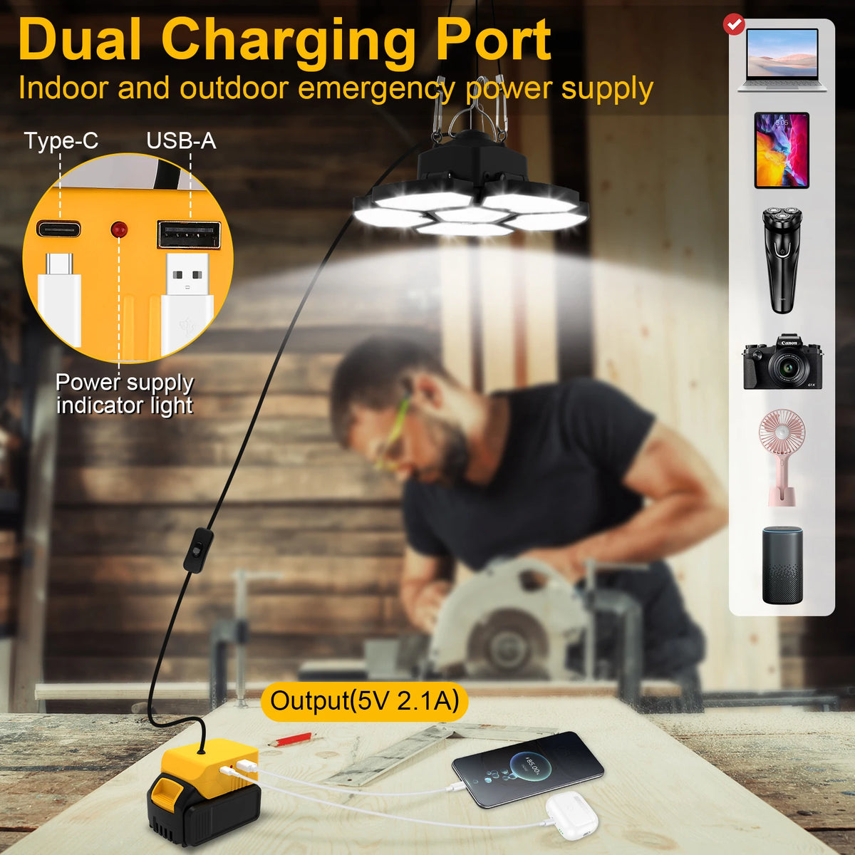 lampe travail pliable led rechargeable batterie lithium 18v 20v indicateur charge crochets moderne noire