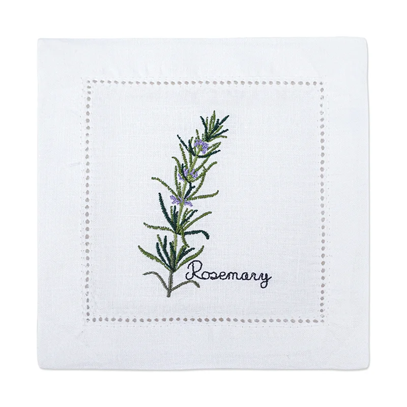 serviette cuisine lin blanc brodée motifs plantes aromatiques naturelle table élégante