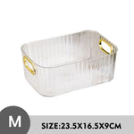 boîtes rangement transparentes paniers minimalistes poignées métalliques dorées moderne texture géométrique