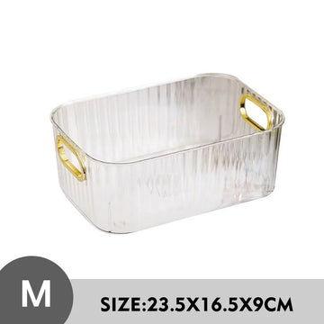 boîtes rangement transparentes paniers minimalistes poignées métalliques dorées moderne texture géométrique