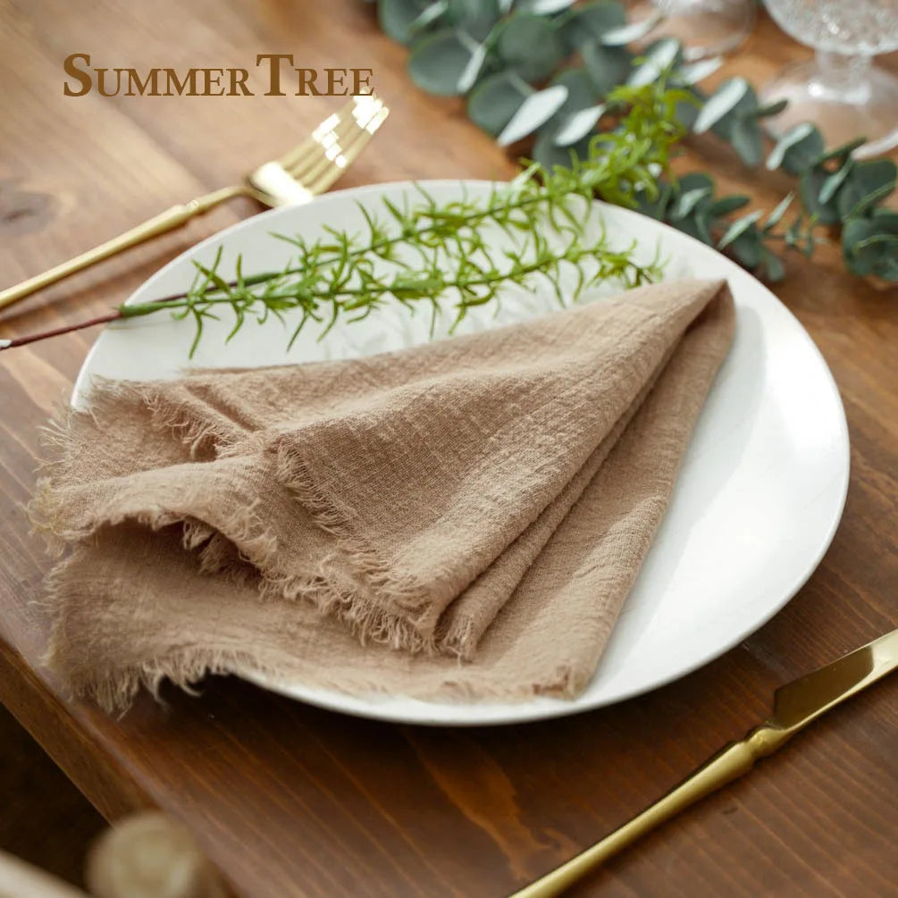 serviette table coton gaze rustique franges ruban noué décorative naturelle