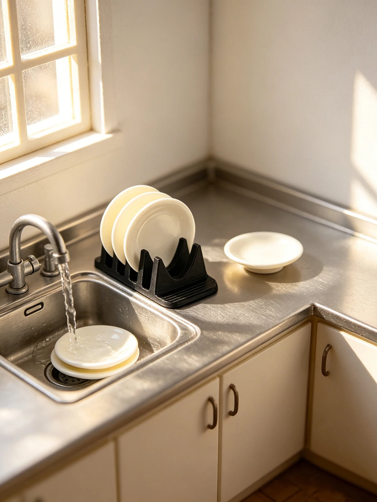 porte assiettes miniature noir blanc cuisine décoration diorama scène maison poupée accessoire photo réaliste