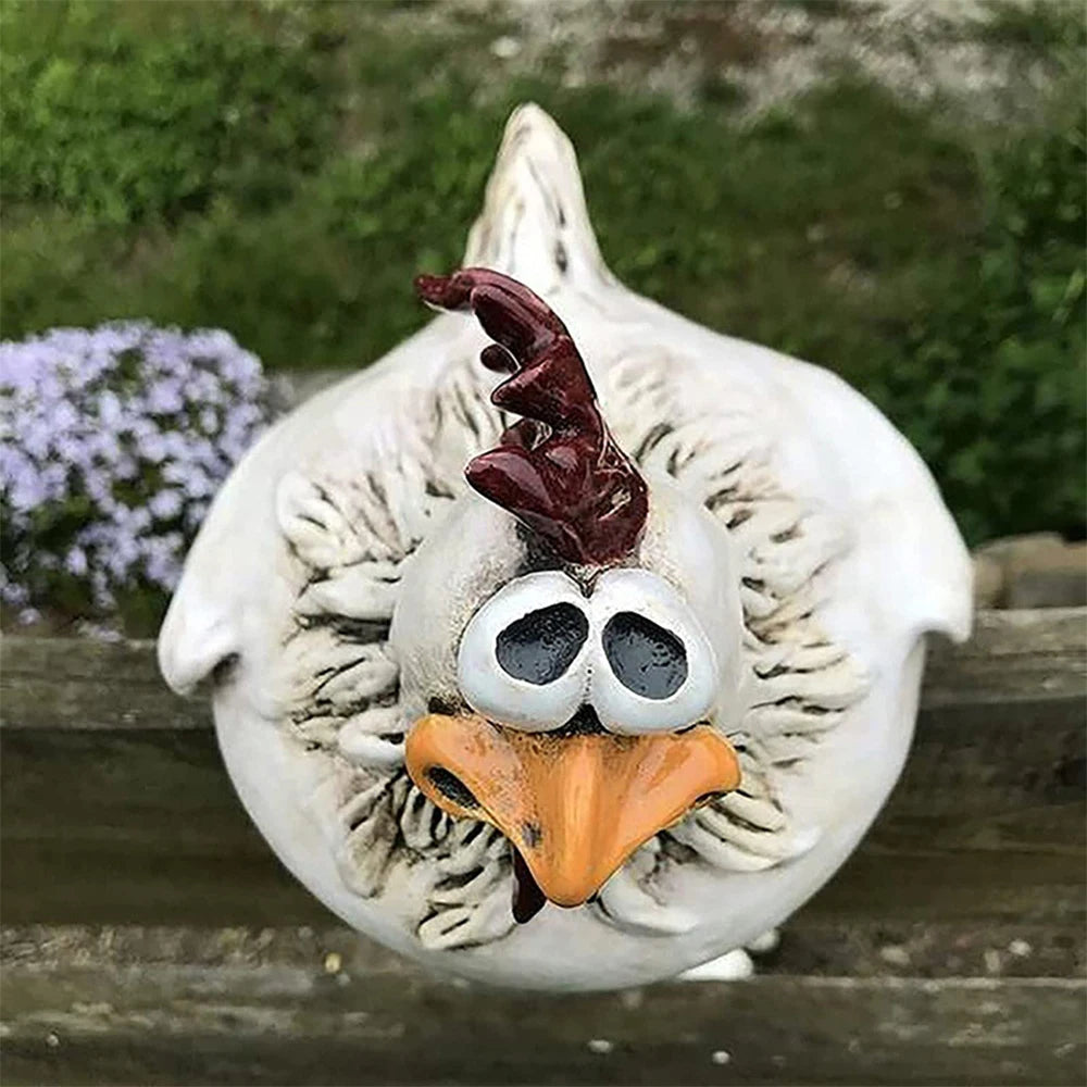 statuette poule blanche résine ornement décoration jardin rustique humoristiqueextérieur blanc orange marron