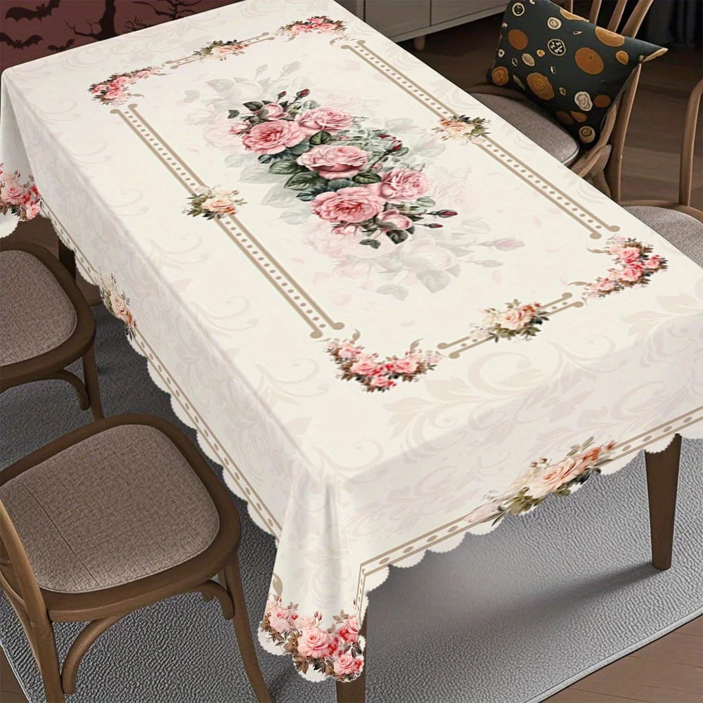 nappe table fleur rose beige clair classique romantique imperméable machine réutilisable 140x140cm 180x140cmextérieurhôtelmarriagesbanquet