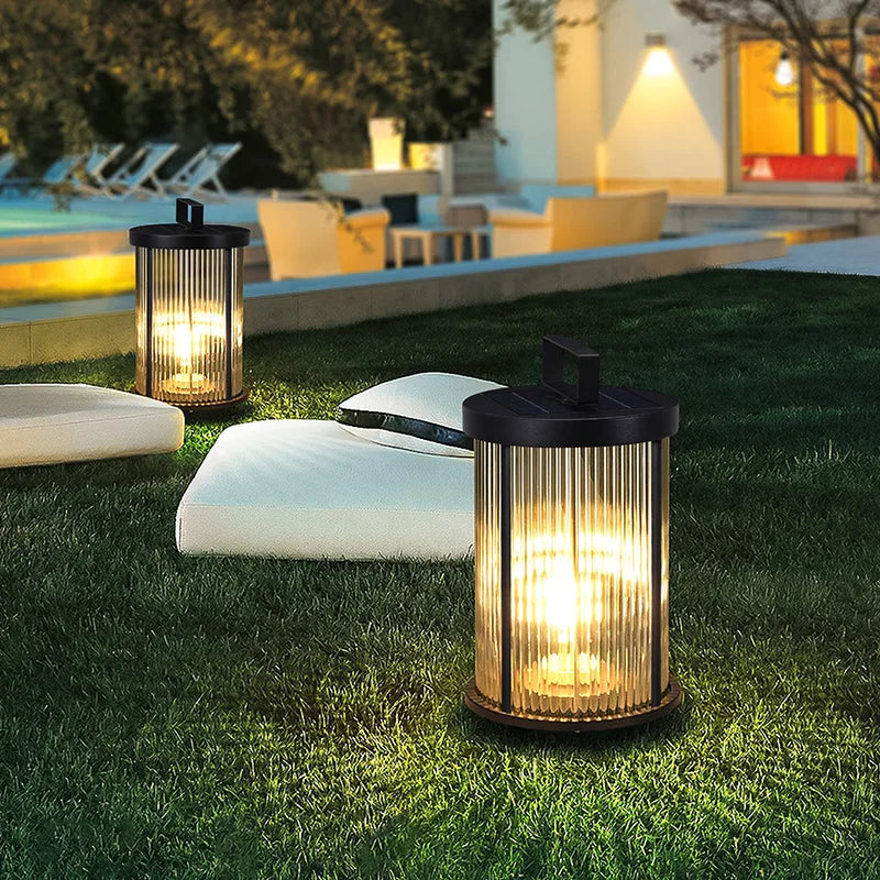 lanterne moderne noire rayures dorées extérieure ip65 led waterproof jardin