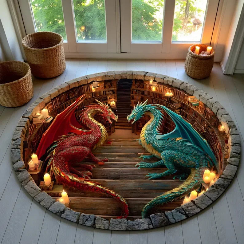 tapis rond dragon livres bibliothèque moderne salon chambre décoration extérieur salle bain