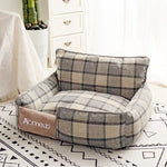 lit chien matelas double épaisseur tissu doux motif carreaux gris beige confortable lavable