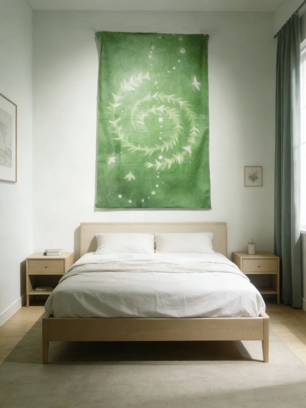 tapisserie murale moderne spirale blanche plumes vert clair taille 150x200cm fixations crochets