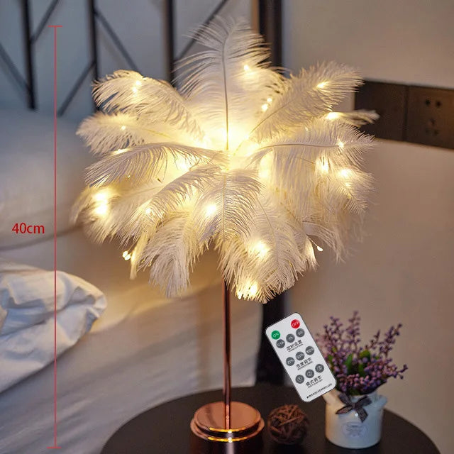 lampe arbre plumes guirlande led rose blanche dorée décoration bohème moderne chambre