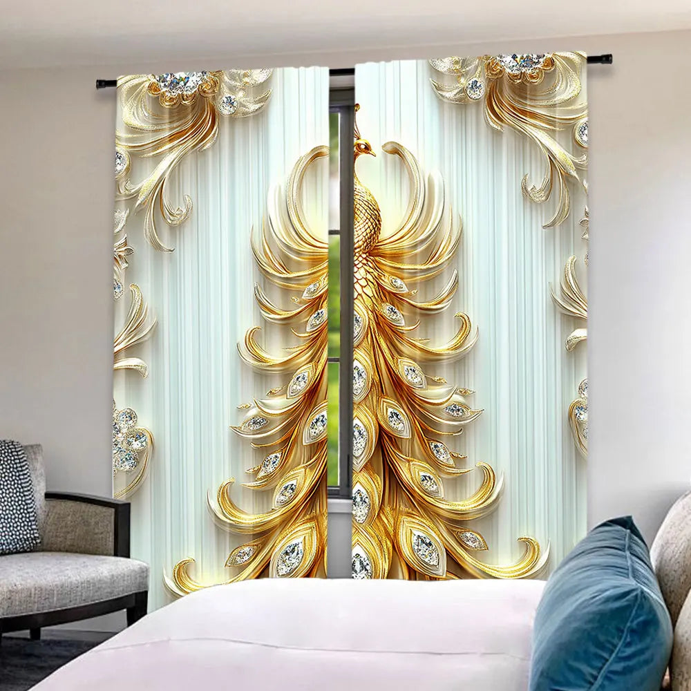 rideaux blanc doré plumes paon strass élégants chambre salon 100 polyester classique