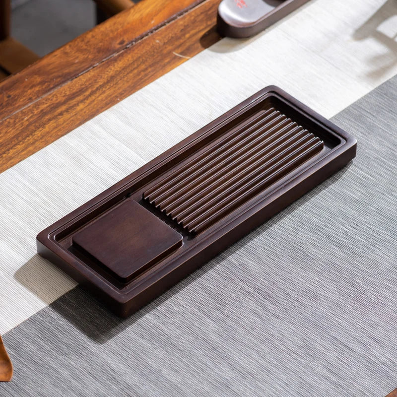 plateau thé bois naturel tasses théière terre cuite drainage bois traditionnel minimaliste