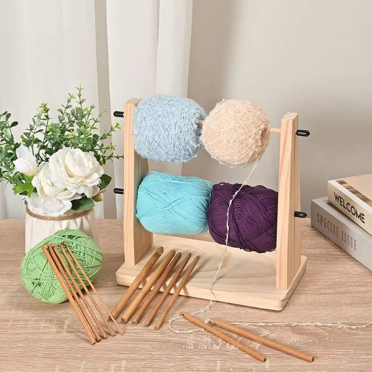 support rangement double niveau porte fil laine bois clair artisanal rustic multiple couleurs vis