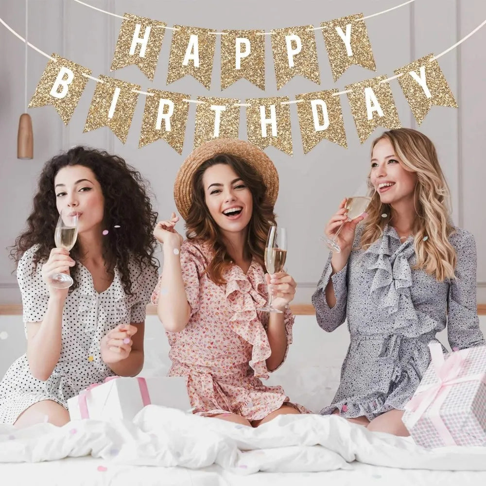 guirlande festivités or rose paillettes lettres happy birthday décoration anniversaire fil blanc festive papier