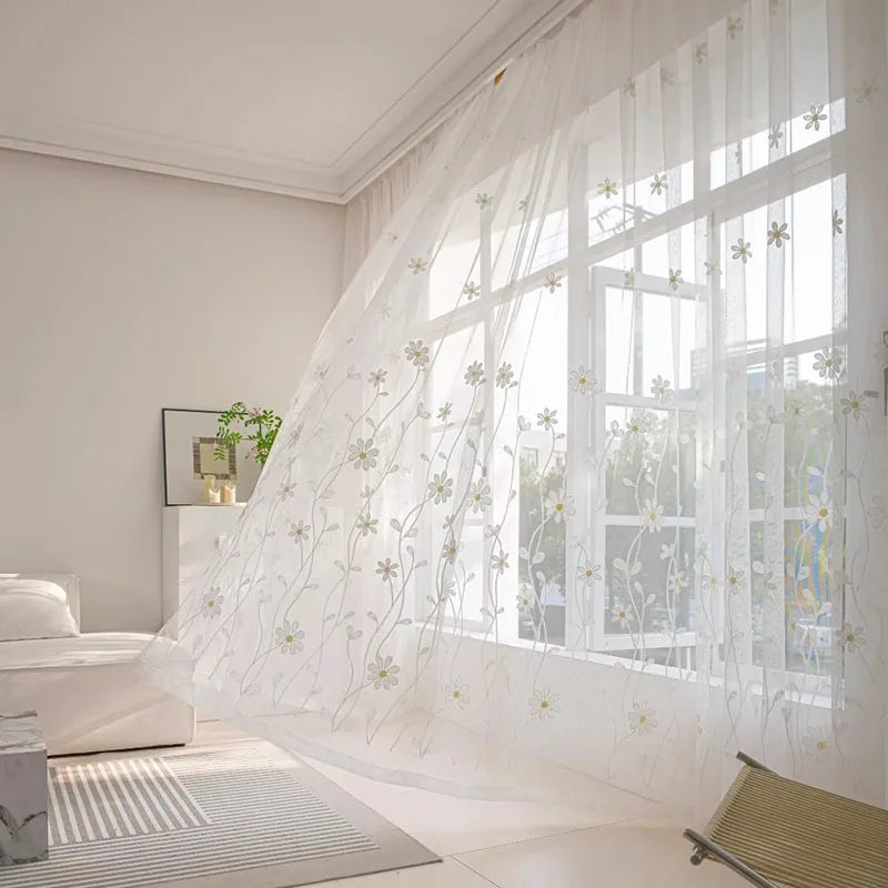 rideau transparent fleurs blanches moderne clips dorés polyester maison