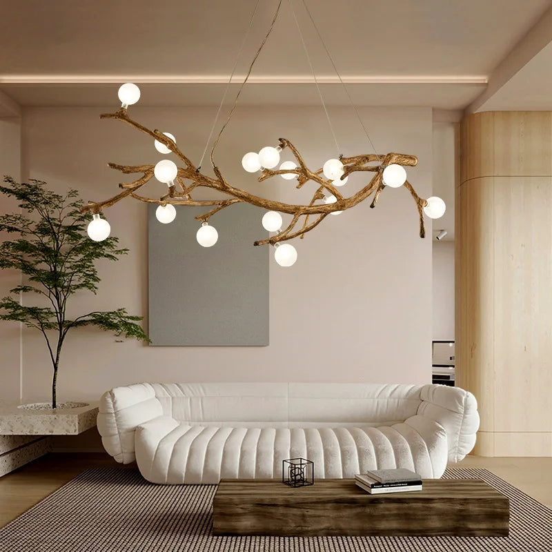 suspension lumineuse moderne branchies naturelles boules translucides marron clair blanc