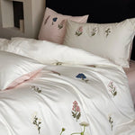 ensemble literie coton brodé fleurs rose blanc classique king queen full
