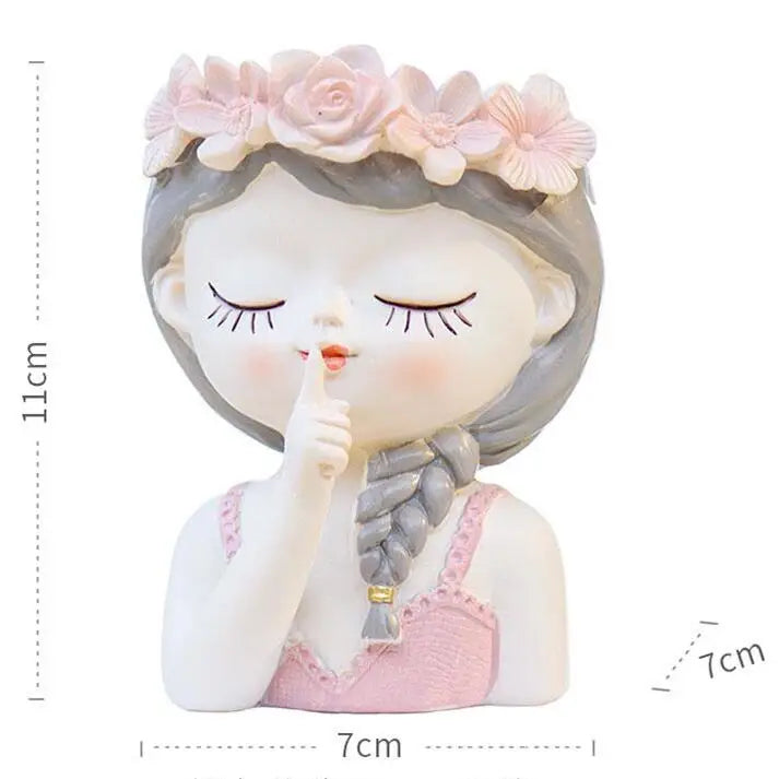 figurines décoratives cartoon fleurs reliefs cheveux stylisés plante succulente verte rose beige