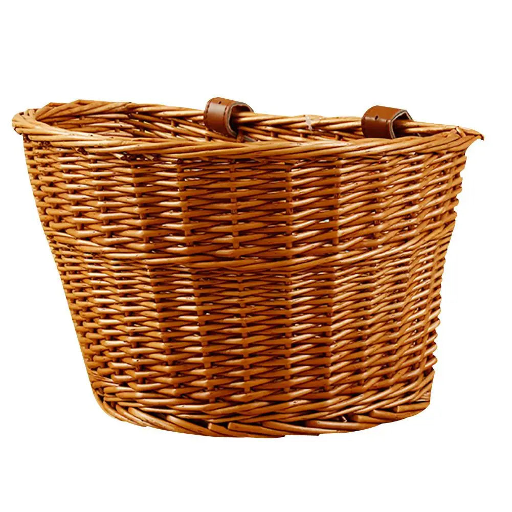 panier vélo osier tressé rustique vintage sangles cuir boucles métalliques grandes dimensions capacité fleurs